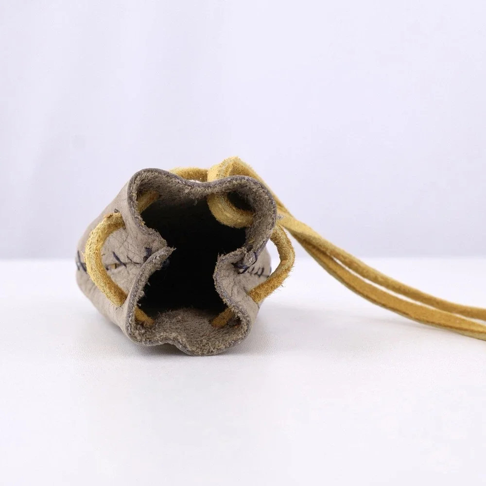 Vintage Hand Stitched Leather Medicine Bag Necklace Drawstring Pouch Wood 16